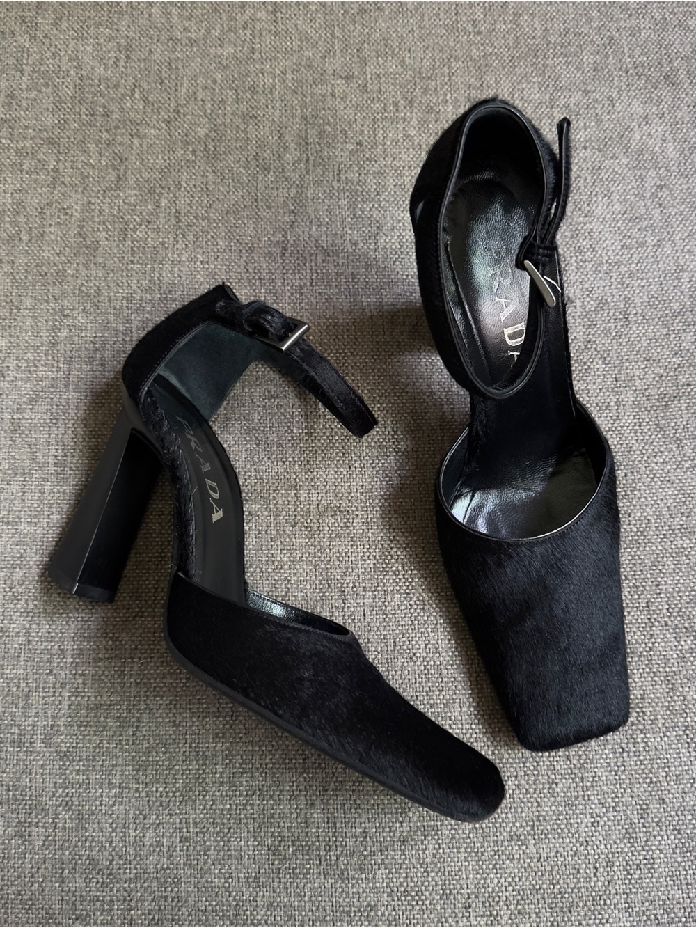 Vintage Prada runway black pony hair Mary-Jane heels